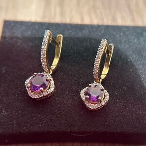 Purple Amethyst and cubic zirconia Yellow Gold over Sterling Silver Earrings